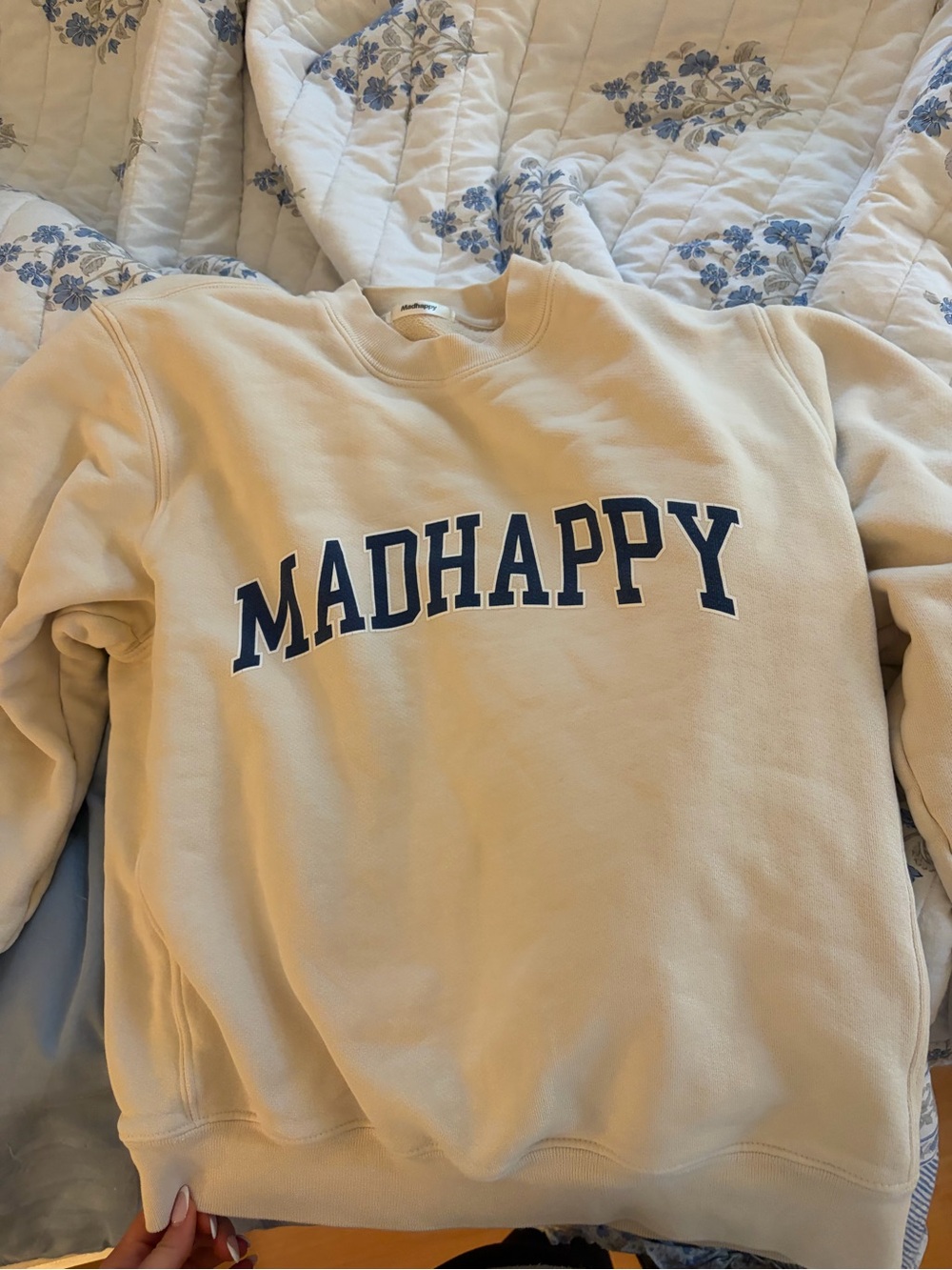 Madhappy Cream Crewneck with Navy Arch Logo